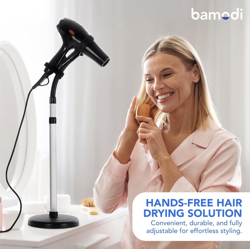 Bamodi Hair Dryer Holder Black - Hands-Free Hair Drying Metal Stand with 360° Rotation, Adjustable Height - Countertop or Wall Mount - Stylish and Convenient Storage Solution for Bathroom - Image 2